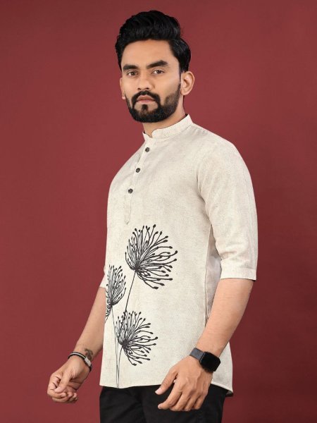 Office Wear Kurta Print Perfect Digital Jute Cotton with Smart Collar  & Daily Comfort Mens Short Kurta
