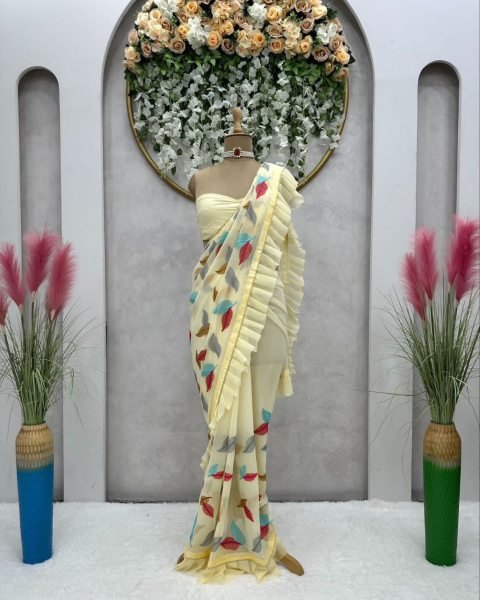 Fancy Ruffle Work Faux Georgette Saree  Georgette Sarees Wholesale