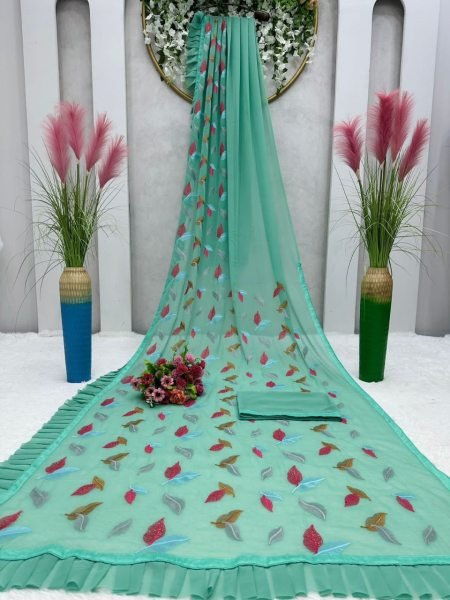 Fancy Ruffle Work Faux Georgette Saree  Georgette Sarees Wholesale