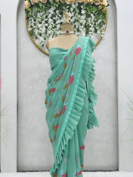 Fancy Ruffle Work Faux Georgette Saree  Georgette Sarees Wholesale