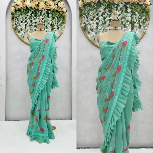 Fancy Ruffle Work Faux Georgette Saree  Georgette Sarees Wholesale
