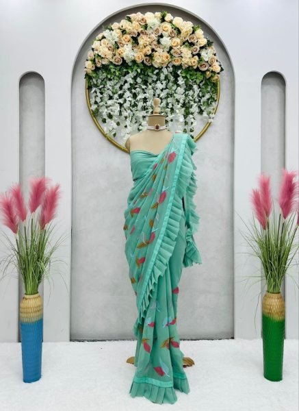 Fancy Ruffle Work Faux Georgette Saree  Georgette Sarees Wholesale