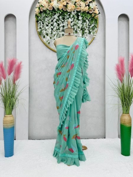 Fancy Ruffle Work Faux Georgette Saree  Georgette Sarees Wholesale