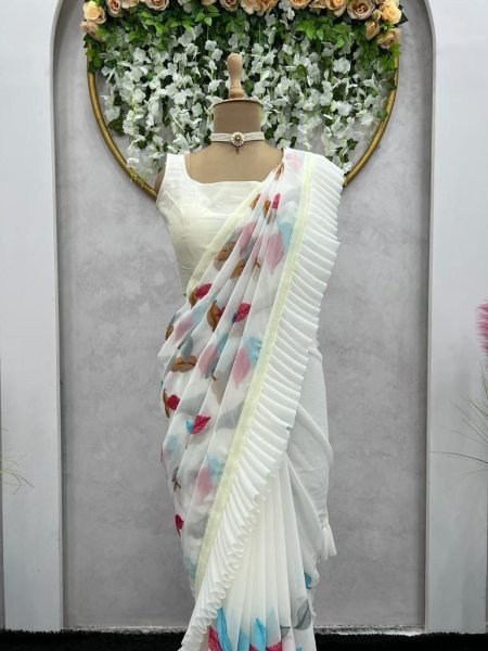 Fancy Ruffle Work Faux Georgette Saree  Georgette Sarees Wholesale