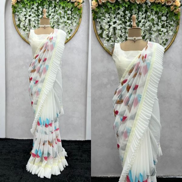 Fancy Ruffle Work Faux Georgette Saree  Georgette Sarees Wholesale