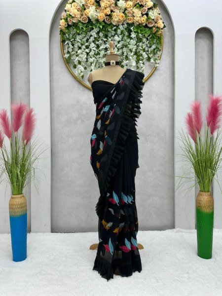 Fancy Ruffle Work Faux Georgette Saree  Georgette Sarees Wholesale