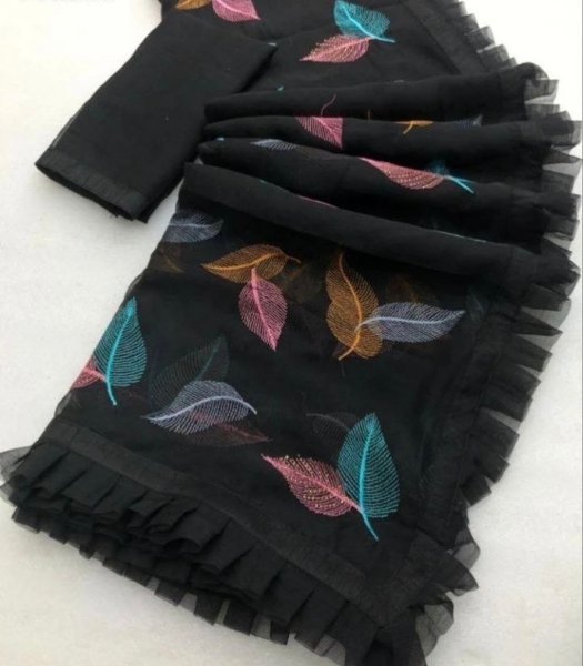 Fancy Ruffle Work Faux Georgette Saree  Georgette Sarees Wholesale