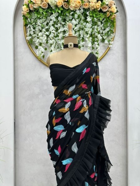 Fancy Ruffle Work Faux Georgette Saree  Georgette Sarees Wholesale