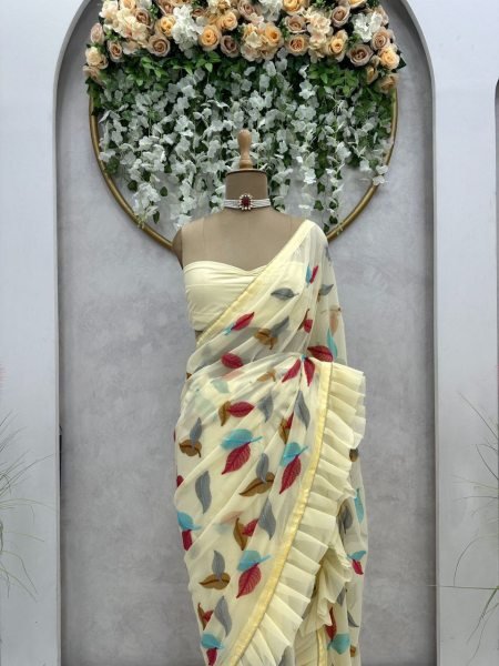 Fancy Ruffle Work Faux Georgette Saree  Georgette Sarees Wholesale