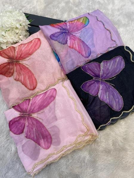 Fancy Soft Satin Organza Saree – Hand-Painted Floral with Pearl & Cut Dana Border Organza Sarees Wholesale
