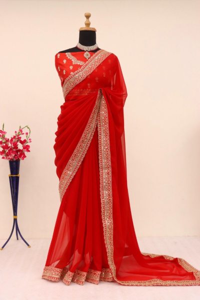 Fancy Thread Work Faux Georgette Saree  Bollywood Fancy Sarees Wholesale