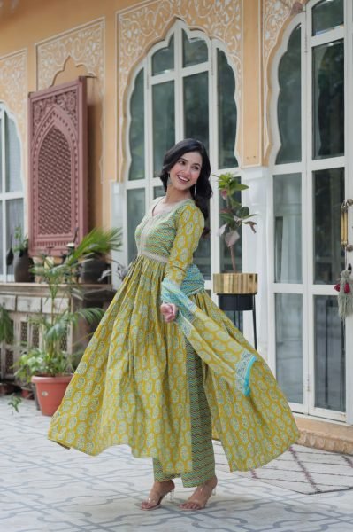Fancy V-Neck Pure Cotton 3PC Suit Set Readymade Kurta, Pant & Dupatta Summer Wear for Women at Best Wholesale Price  Straight Cut Long Kurtis