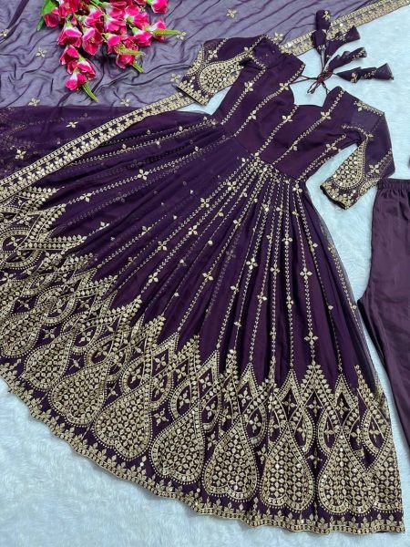 Fancy Wine Color Georgette Fabric With Embroidered Work Anarkali Pant Dupatta   Ready To Wear Collection