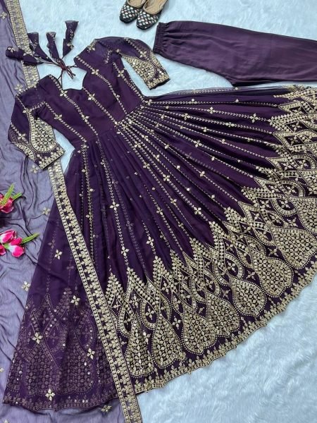 Fancy Wine Color Georgette Fabric With Embroidered Work Anarkali Pant Dupatta   Ready To Wear Collection
