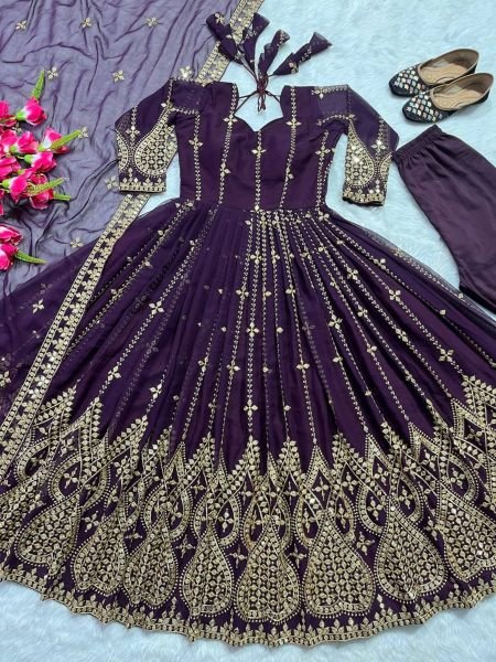 Fancy Wine Color Georgette Fabric With Embroidered Work Anarkali Pant Dupatta   Ready To Wear Collection