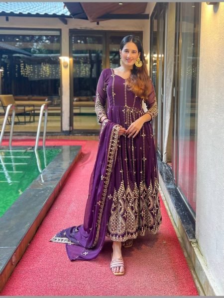 Fancy Wine Color Georgette Fabric With Embroidered Work Anarkali Pant Dupatta   Ready To Wear Collection