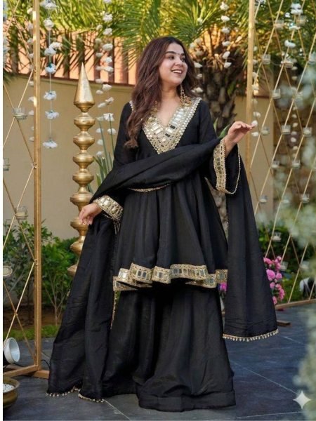 Fascinating Black 3 Piece Silk Sharara Suit at Manufacturer Rate Perfect for Comfort Wear 