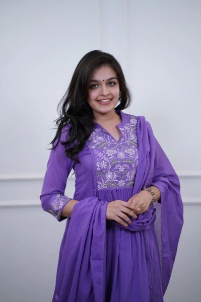 Fascinating Lavender Embroidered Cotton Kurti with Solid Bottom and Dupatta at Wholesale Rate Anarkali Kurtis 