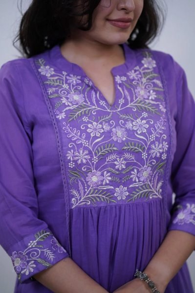 Fascinating Lavender Embroidered Cotton Kurti with Solid Bottom and Dupatta at Wholesale Rate Anarkali Kurtis 