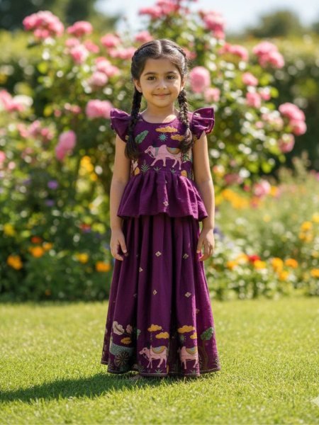 Fascinating Purple Coding Sequence Work Space Silk Lehenga Choli for Kids Wear