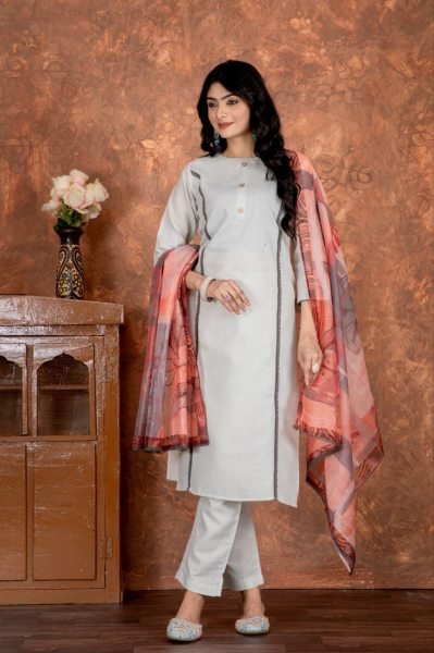    Fashionable Grey Cotton Casual Wear Suit Set With Dupatta | New Arrival  3 Piece Kurti Set