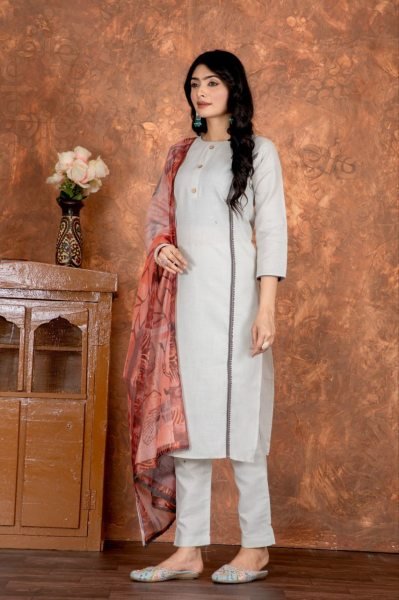    Fashionable Grey Cotton Casual Wear Suit Set With Dupatta | New Arrival  3 Piece Kurti Set