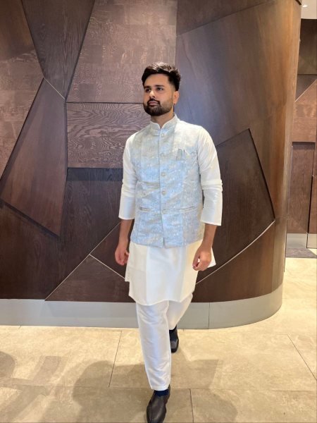 Sky Blue Jacquard Nehru Jacket with Cream Cotton Kurta Pajama Elegant Look at Manufacturer 