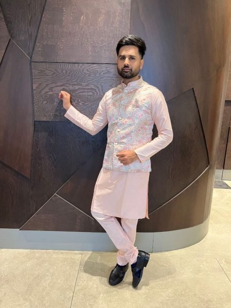Pastel Pink Woven Jacquard Koti with White Cotton Kurta Wedding Wear Set 