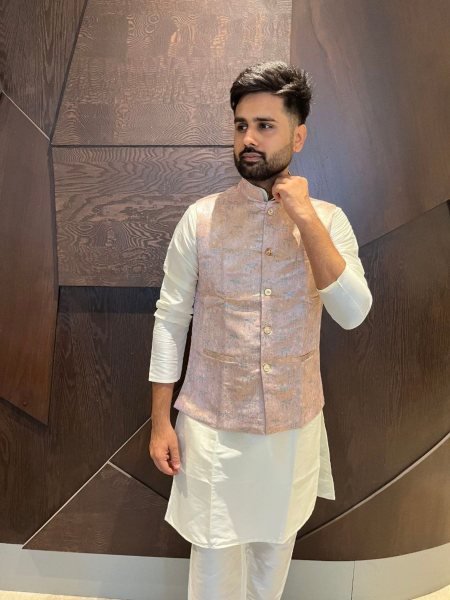 Blush Peach Jacquard Nehru Koti Kurta Set Festive Style for Resellers at Wholesale Rate Kurta Pajama Wholesale