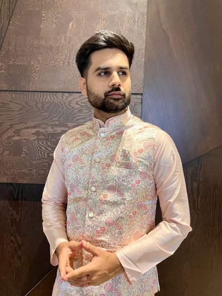 Pastel Pink Woven Jacquard Koti with White Cotton Kurta Wedding Wear Set  Kurta Pajama Wholesale