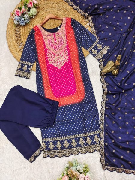 Fastival collection 2024  Multicoloured bandhni print with mirror  work and print plus size kurti set  3 Piece Kurti Set