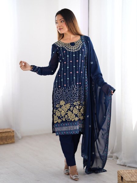 Faux Georgette Embroidered Suit with Real Mirror Work 3Pc Set for Festivals   Weddings Buy Wholesale Direct from Surat
