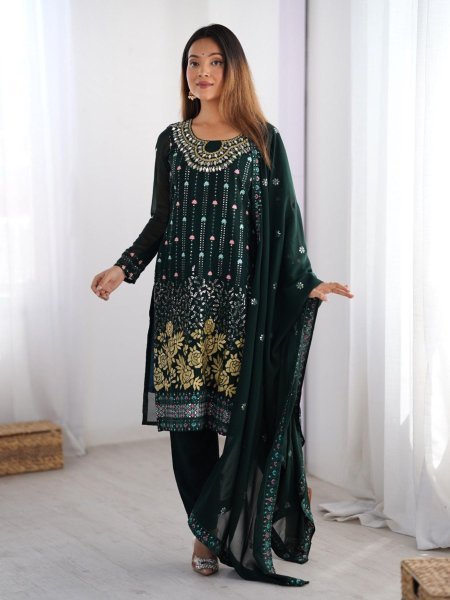 royal glam georgette suit in Green with mirror work ideal for weddings & festive wear 