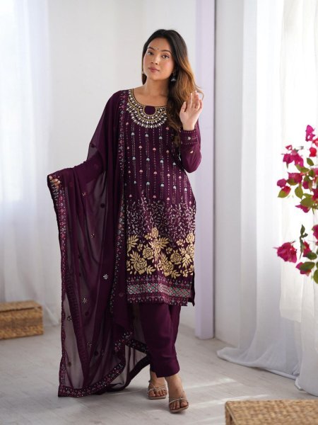premium festive edit georgette suit with real mirror embroidery and stitched dupatta