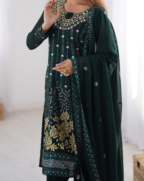 royal glam georgette suit in Green with mirror work ideal for weddings & festive wear Ready To Wear Collection
