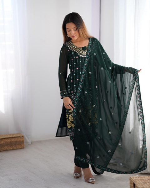 royal glam georgette suit in Green with mirror work ideal for weddings & festive wear Ready To Wear Collection