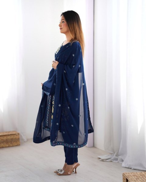 Faux Georgette Embroidered Suit with Real Mirror Work 3Pc Set for Festivals   Weddings Buy Wholesale Direct from Surat Ready To Wear Collection