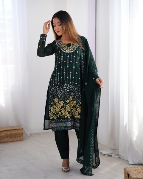 royal glam georgette suit in Green with mirror work ideal for weddings & festive wear Ready To Wear Collection