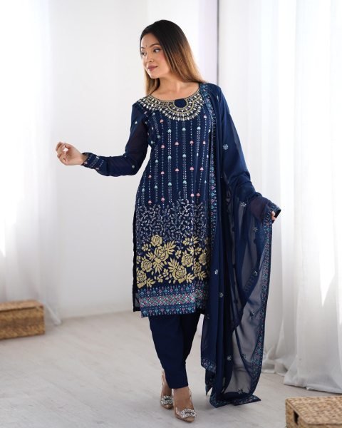 Faux Georgette Embroidered Suit with Real Mirror Work 3Pc Set for Festivals   Weddings Buy Wholesale Direct from Surat Ready To Wear Collection
