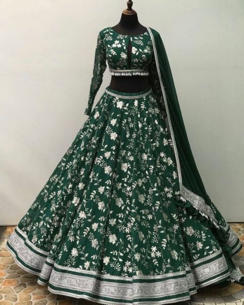 Green Faux Georgette Embroidery Sequence Lehenga Choli In Best Rate Designer Lehenga Choli