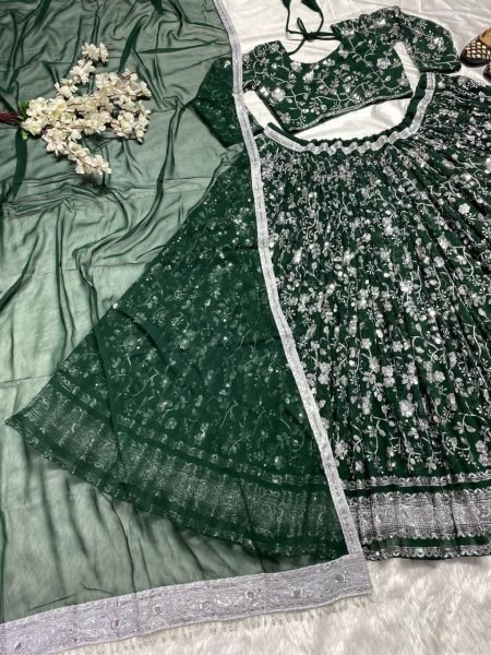 Green Faux Georgette Embroidery Sequence Lehenga Choli In Best Rate Designer Lehenga Choli