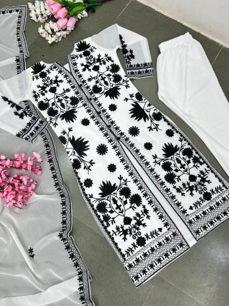 Faux Georgette Kurti Pant Set With Heavy Embroidery Work  Ready To Wear Collection