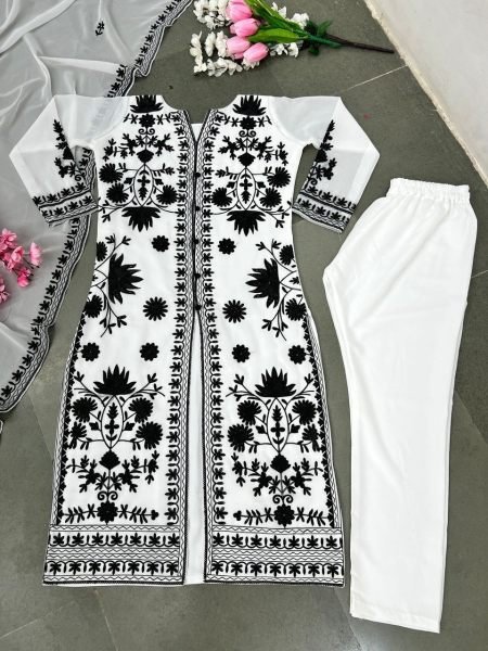 Faux Georgette Kurti Pant Set With Heavy Embroidery Work  Ready To Wear Collection