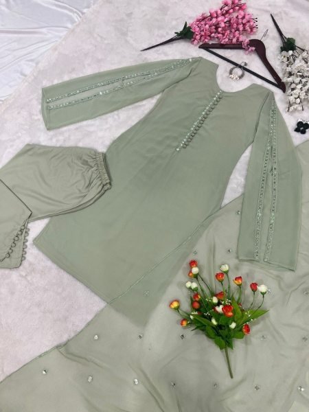 Faux Georgette Kurti Set With Embroidery work   Fancy Potli Button  3 Piece Kurti Set