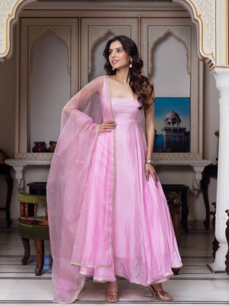 Faux Georgette Pink Anarkali With Pant And Dupatta Wedding Set Anarkali Kurtis 