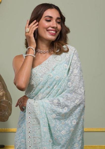 Faux Georgette Saree with White Thread Embroidery, Sequins & Gota Patti Borders  Embroidery Sarees Wholesale