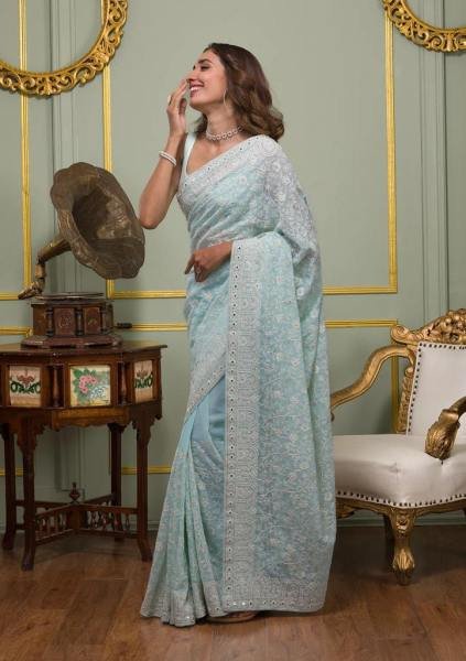 Faux Georgette Saree with White Thread Embroidery, Sequins & Gota Patti Borders  Embroidery Sarees Wholesale