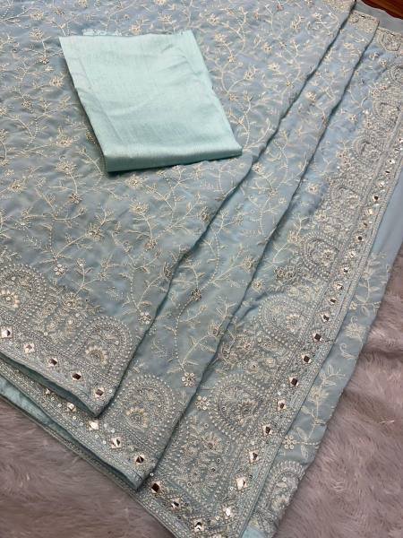 Faux Georgette Saree with White Thread Embroidery, Sequins & Gota Patti Borders  Embroidery Sarees Wholesale