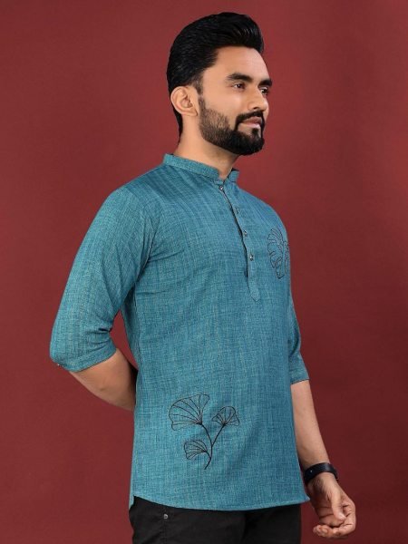Festival Fresh Embroidered Designer Short Kurta in Soft Cotton for Men Mens Short Kurta