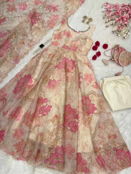 Festival Ready Cream Digital Print Organza Anarkali Suit for Import-Export Buyers  Anarkali Kurtis 